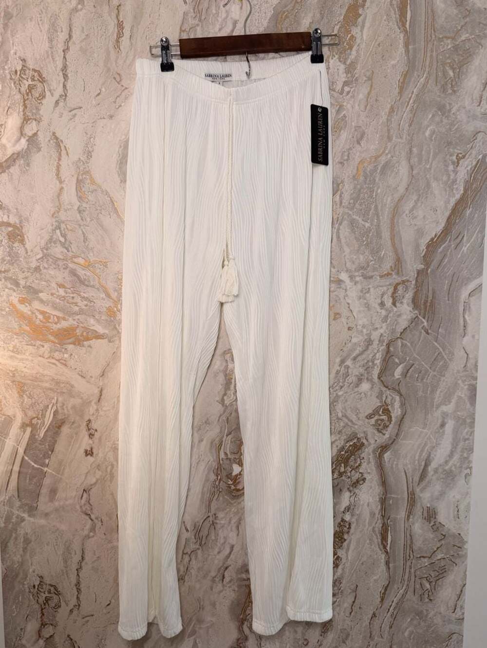 Sabrina Lauren New York Women's White Plisse Wide Leg Trousers with Tassel Draws